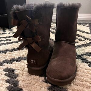 UGG Chocolate Suede Boots with Ribbon Details